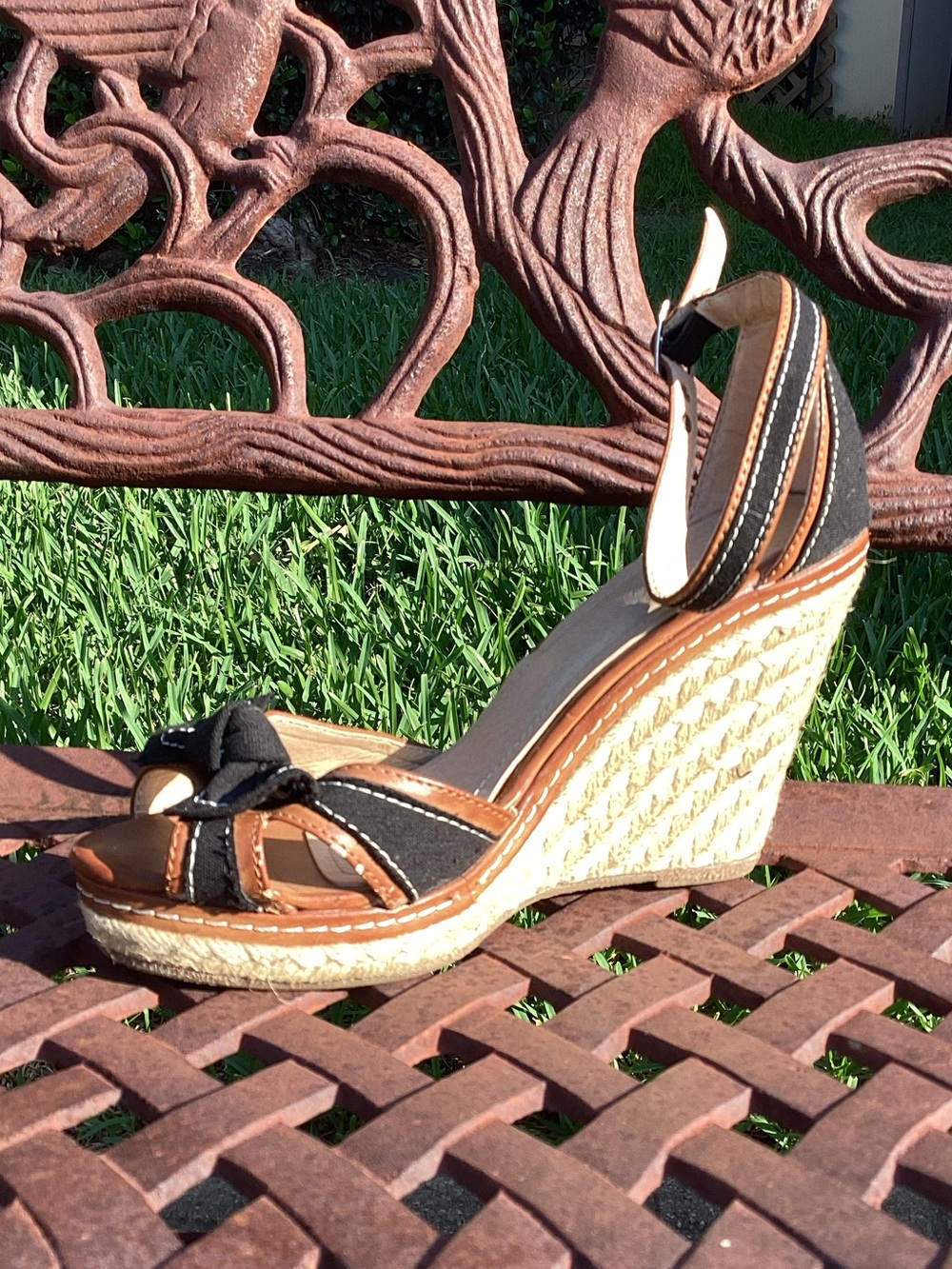 Bamboo Vegan Leather Black Fabric Detail Platform Wedge Heel Sandal